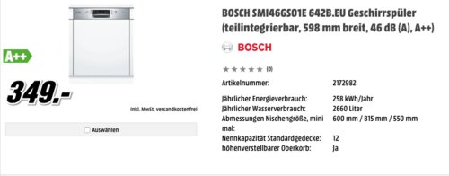 Bosch SMI46GS01E Serie 4 Geschirrspüler, A++, teilintegrierbar Bosch SMI46GS01E Serie 4 Geschirrspüler, A++, teilintegrierbar