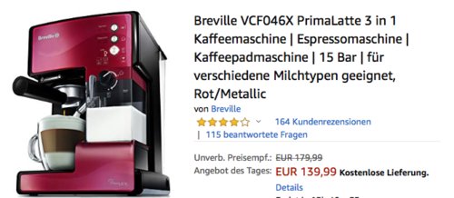 Breville VCF046X PrimaLatte 3 in 1 Kaffeemaschine, Rot/Metallic Breville VCF046X PrimaLatte 3 in 1 Kaffeemaschine, Rot/Metallic