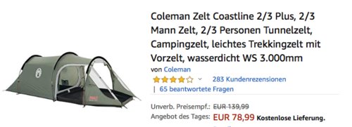 Coleman Zelt "Coastline 2 Plus", Tunnelzelt für 2 Personen Coleman Zelt "Coastline 2 Plus", Tunnelzelt für 2 Personen