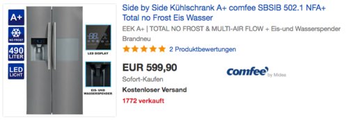 comfee SBSIB 502.1 NFA+ Side-by-Side Kühl-Gefrierkombination, A+ comfee SBSIB 502.1 NFA+ Side-by-Side Kühl-Gefrierkombination, A+