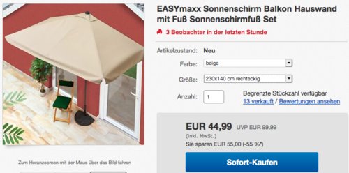 EASYmaxx 230x140 cm Sonnenschirm mit Sonnenschirmfuß, rechteckig EASYmaxx 230x140 cm Sonnenschirm mit Sonnenschirmfuß, rechteckig