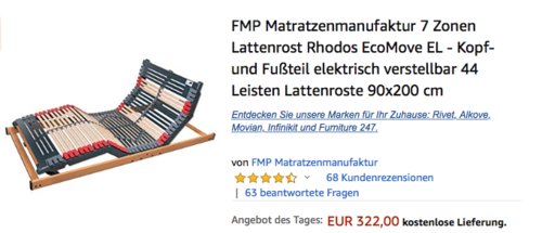 FMP Matratzenmanufaktur 90x200 cm 7 Zonen Lattenrost Rhodos EcoMove EL - Kopf- und Fußteil elektrisch verstellbar - jetzt 10% billiger FMP Matratzenmanufaktur 90x200 cm 7 Zonen Lattenrost Rhodos EcoMove EL - Kopf- und Fußteil elektrisch verstellbar - jetzt 10% billiger