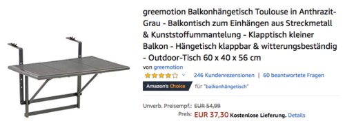 greemotion Balkonhängetisch "Toulouse" zum Einhängen, 60 x 40 x 56 cm greemotion Balkonhängetisch "Toulouse" zum Einhängen, 60 x 40 x 56 cm