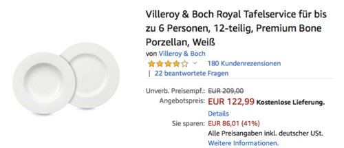 Villeroy & Boch Royal Tafelservice 12-teilig, Premium Bone Porzellan Villeroy & Boch Royal Tafelservice 12-teilig, Premium Bone Porzellan