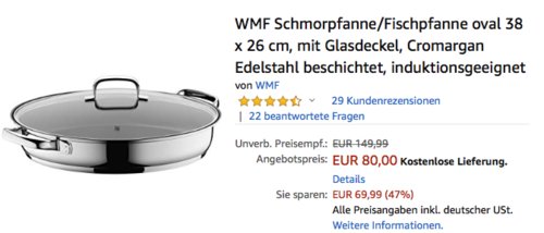 WMF 38 x 26 cm oval Schmorpfanne/Fischpfanne mit mit Glasdeckel WMF 38 x 26 cm oval Schmorpfanne/Fischpfanne mit mit Glasdeckel