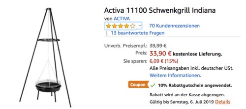 Activa 11100 Schwenkgrill "Indiana", Ø 46 cm Grillfläche Activa 11100 Schwenkgrill "Indiana", Ø 46 cm Grillfläche
