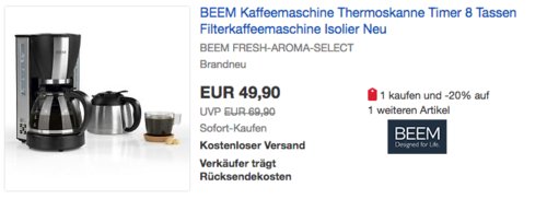 Beem Fresh-Aroma-Select Filterkaffeemaschine inkl. Isolierkanne, 1000 W Beem Fresh-Aroma-Select Filterkaffeemaschine inkl. Isolierkanne, 1000 W