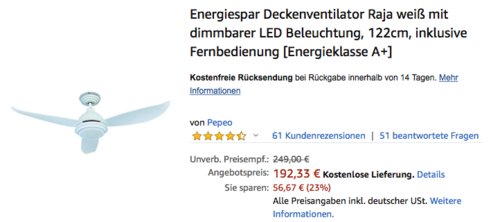 Deckenventilator "Raja" mit Deckenlampe und Fernbedienung, 122 cm - jetzt 21% billiger Deckenventilator "Raja" mit Deckenlampe und Fernbedienung, 122 cm - jetzt 21% billiger