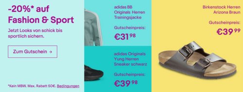 Ebay - 20%-Gutschein für Fashion, Sport und Uhren & Schmuck: z.B. Birkenstock Unisex-Erwachsene Sandalen "Arizona" Ebay - 20%-Gutschein für Fashion, Sport und Uhren & Schmuck: z.B. Birkenstock Unisex-Erwachsene Sandalen "Arizona"