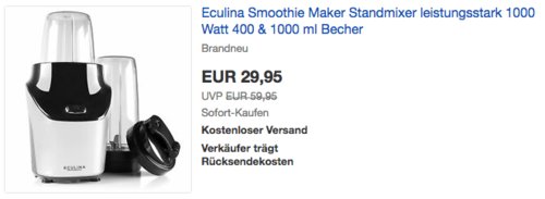 Eculina 1000 Watt Smoothie Maker inkl. 400 & 1000 ml Becher, silber/schwarz - jetzt 25% billiger