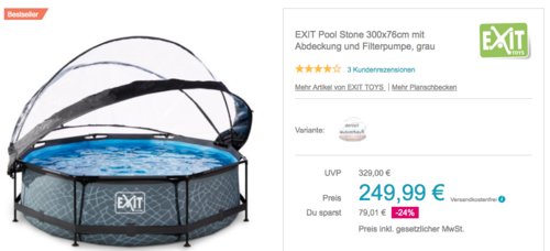 EXIT Pool Stone 300x76cm mit Abdeckung und Filterpumpe, grau EXIT Pool Stone 300x76cm mit Abdeckung und Filterpumpe, grau