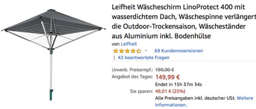 Leifheit Wäscheschirm LinoProtect 400 mit wasserdichtem Dach, 40 m Leinenlänge Leifheit Wäscheschirm LinoProtect 400 mit wasserdichtem Dach, 40 m Leinenlänge