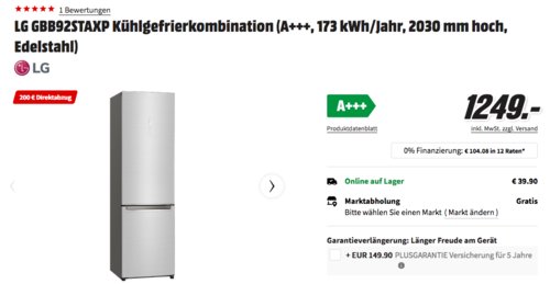 LG GBB92STAXP Kühlgefrierkombination (A+++, 2030 mm hoch, Edelstahl) - jetzt 16% billiger