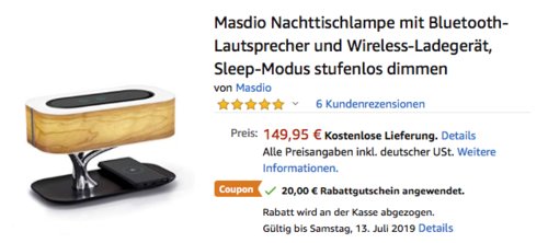 Masdio Nachttischlampe mit Bluetooth-Lautsprecher und Wireless-Ladegerät, 20 Watt Masdio Nachttischlampe mit Bluetooth-Lautsprecher und Wireless-Ladegerät, 20 Watt