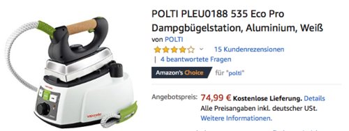 POLTI PLEU0188 535 Eco Pro Dampgbügelstation, weiß POLTI PLEU0188 535 Eco Pro Dampgbügelstation, weiß