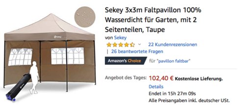 Sekey 3x3m Faltpavillon mit 2 Seitenteilen, 100% Wasserdicht, Taupe oder Grau Sekey 3x3m Faltpavillon mit 2 Seitenteilen, 100% Wasserdicht, Taupe oder Grau