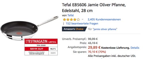 Tefal E85606 Jamie Oliver Edelstahl-Pfanne mit Thermo-Spot, 28 cm Tefal E85606 Jamie Oliver Edelstahl-Pfanne mit Thermo-Spot, 28 cm