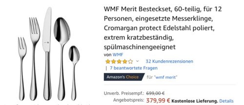 WMF Merit 60-teilige Besteckset für 12 Personen, extrem kratzresistent WMF Merit 60-teilige Besteckset für 12 Personen, extrem kratzresistent