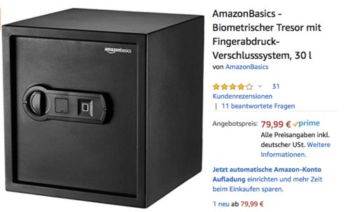 AmazonBasics - Biometrischer Tresor mit Fingerabdruck-Verschlusssystem, 30 l AmazonBasics - Biometrischer Tresor mit Fingerabdruck-Verschlusssystem, 30 l
