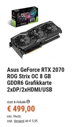 Asus GeForce RTX 2070 ROG Strix OC 8 GB Gaming Grafikkarte (GDDR6, 1.410 MHz, 2xDP/2xHDMI/USB) Asus GeForce RTX 2070 ROG Strix OC 8 GB Gaming Grafikkarte (GDDR6, 1.410 MHz, 2xDP/2xHDMI/USB)