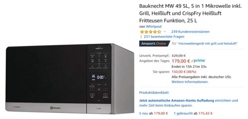 Bauknecht MW 49 SL Mikrowelle inkl. Grill, Heißluft und CrispFry Heißluft Fritteusen Funktion, 25 L - jetzt 17% billiger