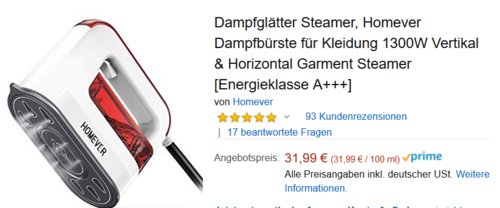 Homever FRAGS003 Dampfbürste für Kleidung / Vertikal & Horizontal Garment Steamer, 1300W - jetzt 34% billiger