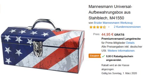 Mannesmann M41550 Universal-Aufbewahrungsbox aus Stahlblech "Flagge USA", 410x180x190mm Mannesmann M41550 Universal-Aufbewahrungsbox aus Stahlblech "Flagge USA", 410x180x190mm