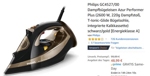 Philips GC4527/00 Dampfbügeleisen Azur Performer Plus (2600 W, 220g Dampfstoß) Philips GC4527/00 Dampfbügeleisen Azur Performer Plus (2600 W, 220g Dampfstoß)