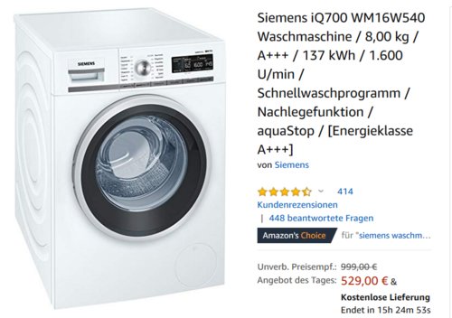 Siemens iQ700 WM16W540 Waschmaschine (8,00 kg, A+++, 1.600 U/min) Siemens iQ700 WM16W540 Waschmaschine (8,00 kg, A+++, 1.600 U/min)