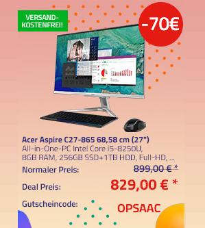 Acer Aspire C27-865 68,58 cm (27") All-in-One-PC (i5-8250U, 8GB RAM, 256GB SSD+1TB HDD, Linux Endless OS) Acer Aspire C27-865 68,58 cm (27") All-in-One-PC (i5-8250U, 8GB RAM, 256GB SSD+1TB HDD, Linux Endless OS)