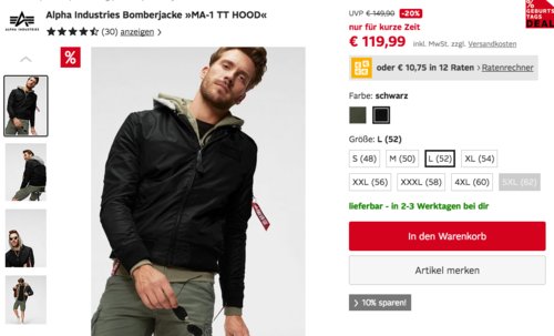 Alpha Industries Herren Bomberjacke "MA-1 TT HOOD", olivgrün oder schwarz Alpha Industries Herren Bomberjacke "MA-1 TT HOOD", olivgrün oder schwarz