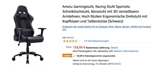 Amoiu Gamingstuhl/Bürostuhl mit Kopfkissen und Taillenstütze, schwarz Amoiu Gamingstuhl/Bürostuhl mit Kopfkissen und Taillenstütze, schwarz