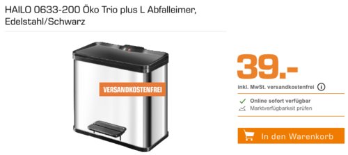 HAILO 0633-200 Öko Trio plus L Abfalleimer, Edelstahl/Schwarz HAILO 0633-200 Öko Trio plus L Abfalleimer, Edelstahl/Schwarz