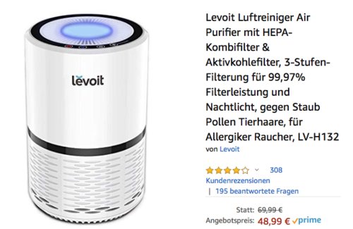 Levoit LV-H132 Luftreiniger mit HEPA-Kombifilter - jetzt 30% billiger Levoit LV-H132 Luftreiniger mit HEPA-Kombifilter - jetzt 30% billiger