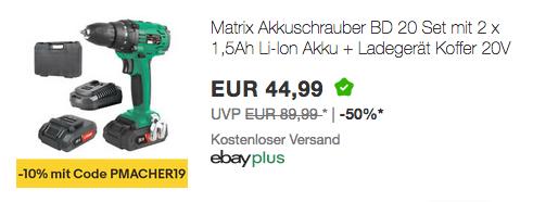 Matrix 20V Akkuschrauber BD 20 Set (2 x 1,5Ah Li-Ion Akku, Ladegerät, Koffer 20V) Matrix 20V Akkuschrauber BD 20 Set (2 x 1,5Ah Li-Ion Akku, Ladegerät, Koffer 20V)