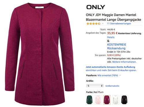 ONLY JDY Maggie Damen Mantel, versch. Farben und Größen ONLY JDY Maggie Damen Mantel, versch. Farben und Größen