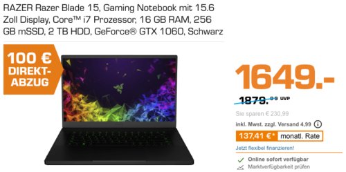 RAZER Razer Blade 15 Gaming Notebook (15.6 Zoll, i7-8750H, 16 GB RAM, 256 GB mSSD, 2 TB HDD, GeForce® GTX 1060, Windows 10) RAZER Razer Blade 15 Gaming Notebook (15.6 Zoll, i7-8750H, 16 GB RAM, 256 GB mSSD, 2 TB HDD, GeForce® GTX 1060, Windows 10)
