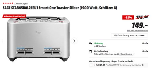 SAGE STA845BAL2EEU1 Smart One 4-Scheiben Toaster, 1900 Watt - jetzt 9% billiger