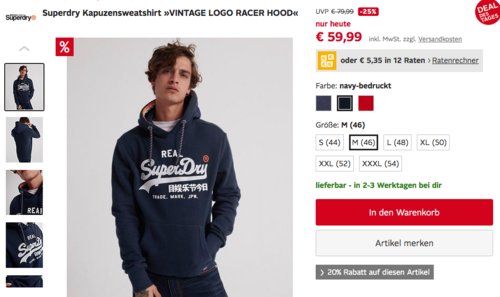 Superdry Herren Kapuzensweatshirt "VINTAGE LOGO RACER HOOD", versch. Farben und Größen Superdry Herren Kapuzensweatshirt "VINTAGE LOGO RACER HOOD", versch. Farben und Größen