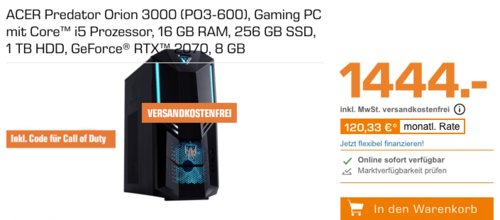 ACER DG.E14EG.049 Predator Orion 3000 Gaming PC (i5, 16 GB RAM, 256 GB SSD, 1 TB HDD, GeForce® RTX 2070, 8 GB) inkl. Code für Call of Duty ACER DG.E14EG.049 Predator Orion 3000 Gaming PC (i5, 16 GB RAM, 256 GB SSD, 1 TB HDD, GeForce® RTX 2070, 8 GB) inkl. Code für Call of Duty