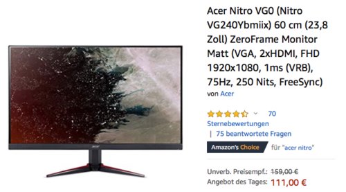 Acer Nitro VG0 60 cm (23,8 Zoll) Gaming-Monitor (VGA, 2xHDMI, FHD 1920x1080, 1ms (VRB), 75Hz, 250 Nits, FreeSync) Acer Nitro VG0 60 cm (23,8 Zoll) Gaming-Monitor (VGA, 2xHDMI, FHD 1920x1080, 1ms (VRB), 75Hz, 250 Nits, FreeSync)