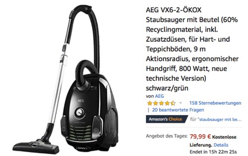 AEG VX6-2-ÖKOX Staubsauger mit Beutel, 800 Watt AEG VX6-2-ÖKOX Staubsauger mit Beutel, 800 Watt
