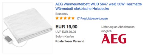 AEG WUB 5647 Wärmeunterbett, 150 x70 cm AEG WUB 5647 Wärmeunterbett, 150 x70 cm