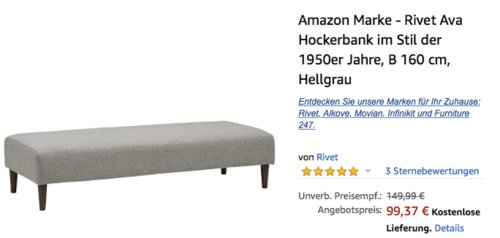 Amazon Marke - Rivet Ava Hockerbank 160 cm, hellgrau Amazon Marke - Rivet Ava Hockerbank 160 cm, hellgrau