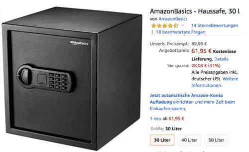 AmazonBasics 30 Liter Haussafe, 33 x 33 x 36 cm AmazonBasics 30 Liter Haussafe, 33 x 33 x 36 cm