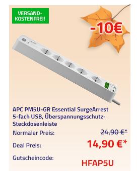 APC PM5U-GR Essential SurgeArrest 5-fach Überspannungsschutz-Steckdosenleiste mit 2 x USB APC PM5U-GR Essential SurgeArrest 5-fach Überspannungsschutz-Steckdosenleiste mit 2 x USB
