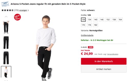 Arizona Jungen 5-Pocket-Jeans regular fit mit geradem Bein (128-182), schwarz Arizona Jungen 5-Pocket-Jeans regular fit mit geradem Bein (128-182), schwarz