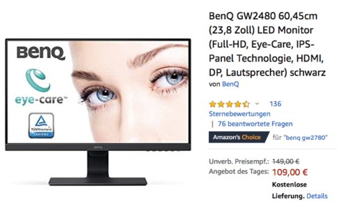 BenQ GW2480 60,45cm (23,8 Zoll) LED Monitor (Full-HD, 5ms, Lautsprecher) BenQ GW2480 60,45cm (23,8 Zoll) LED Monitor (Full-HD, 5ms, Lautsprecher)
