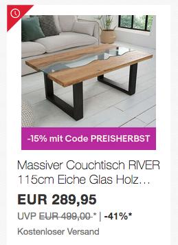 Ebay - bis zu 30% Rabatt auf ausgewählte Artikel: z.B. Invicta Interior Massiver Couchtisch RIVER 115x45x70 cm, Eiche Ebay - bis zu 30% Rabatt auf ausgewählte Artikel: z.B. Invicta Interior Massiver Couchtisch RIVER 115x45x70 cm, Eiche