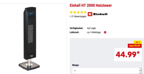 Einhell HT 2000 Heiztower (2.000 W, 3 Schaltstufen, Keramik-Heizelement, IR-Fernbedienung) Einhell HT 2000 Heiztower (2.000 W, 3 Schaltstufen, Keramik-Heizelement, IR-Fernbedienung)